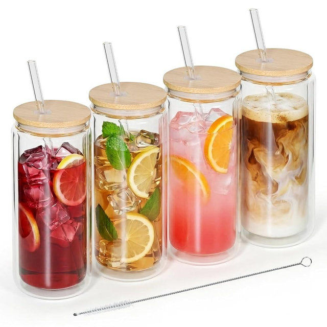 FECBK 4 Pack Glass Cups with Lids and Straws 16 oz Double Wall Glass Tumbler Insulated Borosilicate Iced Glass Coffee Cups for Iced Coffee, Smoothies, Tea, Juice