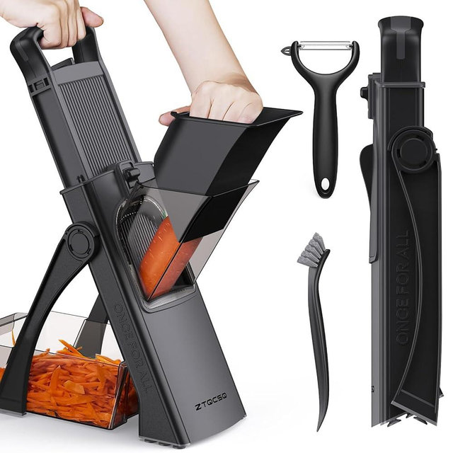 ZTQCSQ 2025 [All in 1] Upgraded Version Safe Mandoline Slicer for Kitchen, Adjustable Thickness. Veggie Slicer, Rapid Prep Mandoline, Detachable Blade, Cleaning Brush/Paring Knife (Black Knight)