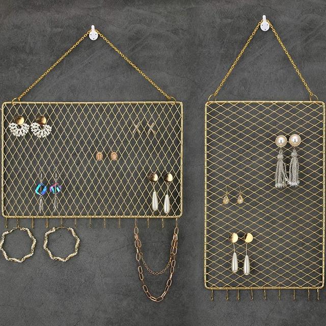 Heesch 2 Pack Earring Wall Holder Hanging Earring Organizer Wall Mounted Jewelry Organizer Display Decorative Metal Diamond Shape with Hooks for Necklaces Bracelets (Gold)