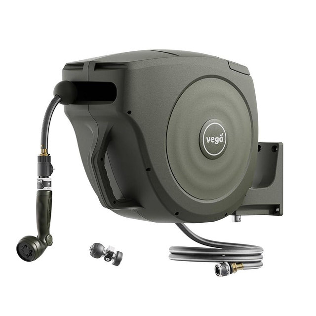 Vego Garden Hose Reel Retractable Hi-Flow x 100ft Wall Mounted Hose Reel Automatic Rewind, Any Length Lock with 9 Patterns Sprayer Nozzle, Quick Connector and Adjustable shot Nozzle-Seaweed Green