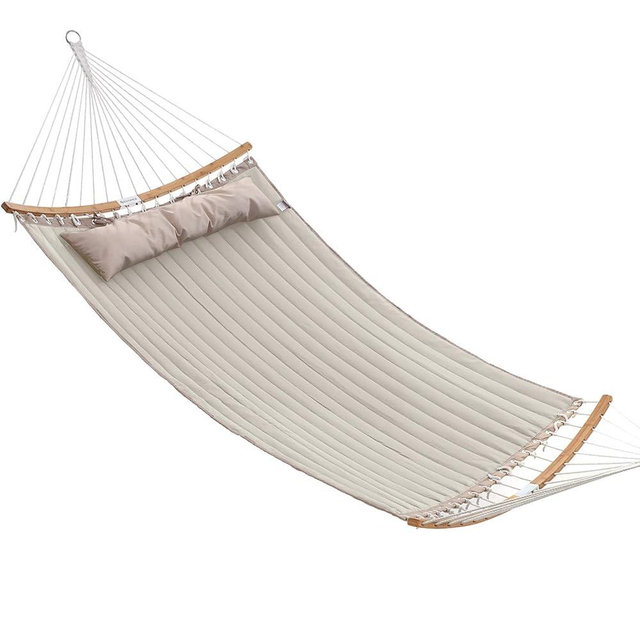 SONGMICS Hammock, Quilted Hammock with Curved Bamboo Spreaders, Pillow, 78.7 x 55.1 Inches, Portable Padded Hammock Holds up to 495 lb, Cream and Beige UGDC34BE