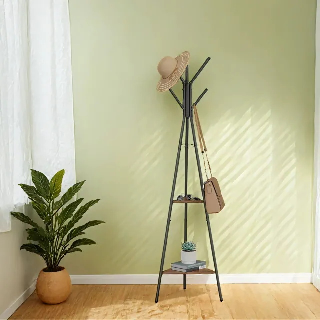 Industrial Style Coat Rack Stand with 2 Shelves and 6 Hooks - Sturdy Hall Tree for Clothes, Hats, and Bags