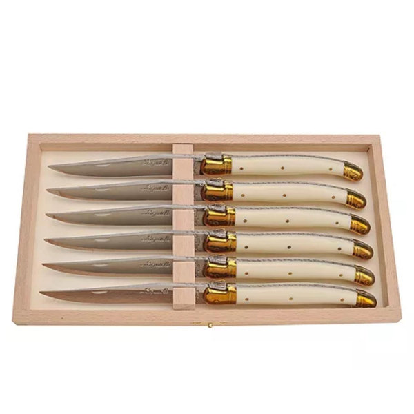 Jean Dubost Laguiole Steak Knives with Ivory Handles in Wood Box- service for 12
