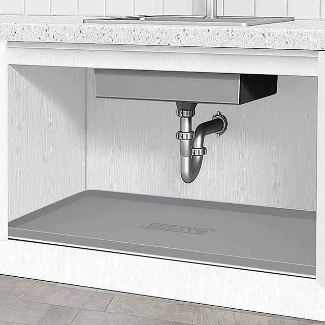 BEESVO Under Sink Mat Kitchen & Bathroom Cabinet Liner, 34" x 22" Silicone Waterproof Under Sink Drip Tray, Hold up to 3.3 Gallons Liquid, Cool Grey