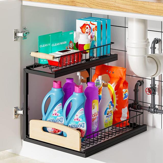 G-TING Under Sink Organizer 2 Tier, L Shaped Sliding Cabinet Basket Organizer, Slide Out Under Cabinet Storage, Multi-Purpose Pull Out Cabinet Organizer for Bathroom, Kitchen, Black