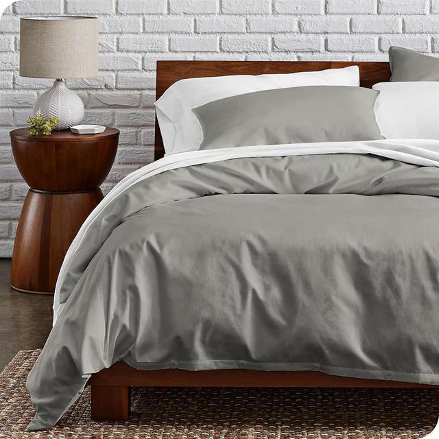 Bare Home 100% Organic Cotton Full/Queen Duvet Cover Set - Crisp Percale Weave - 300 Thread Count - Lightweight & Breathable - Cooling Duvet Cover Set (Full/Queen, Light Grey)