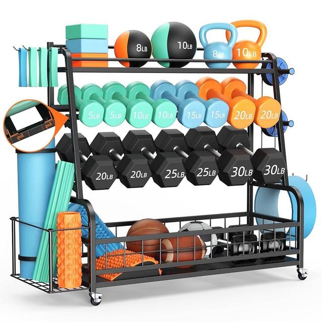 600LBS Dumbbell Rack Weight Stand - Bonvork Adjustable Weight Rack for Dumbbells, Home Gym Storage Rack for Yoga Mat Foam Roller Kettlebells, Workout Equipment Storage Organizer With Wheels