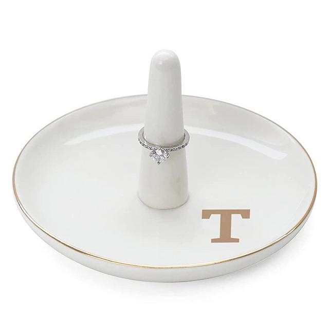 HOME SMILE Initials Ring Holder Jewery Tray with personalized T-Monogrammed Engagement Gifts for Friends,Birthday Mother's Day Christmas Gifts for Women,Ceramic White