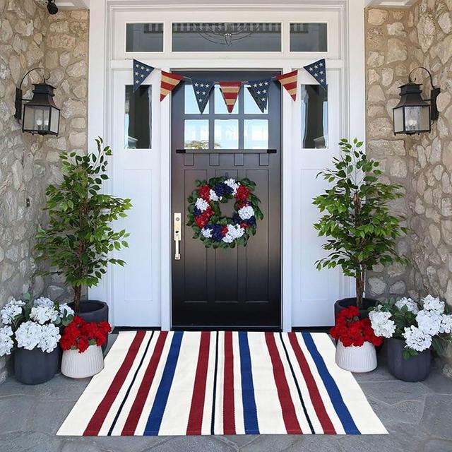 CAINANEL Blue/White/Red Striped Rug 4th of July Door Mat Summer Front Porch Rug Independence Day Welcome Doormats for Farmhouse Entrance Porch Outdoors Decor (Blue/red/White, 27.5'' x 43'')