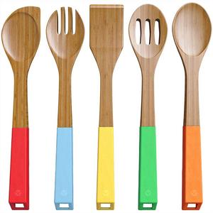 Vremi 5 Piece Bamboo Spoons Cooking Utensils - Wooden Spoons and Spatula Utensil Set - Bamboo Wood Nonstick Cooking Spoons for Kitchen with Colorful Silicone Handles in Red Yellow Green Orange Blue