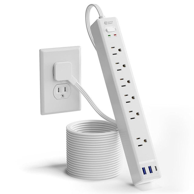 10Ft Extension Cord with Multiple Outlets, SUPERDANNY Flat Plug Surge Protector Power Strip 10 Ft Long Cord, 6 Outlets & 3 USB Ports, Charging Station for Home Office, College Dorm Room Essentials