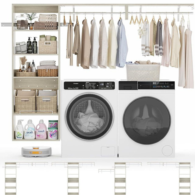 Unikito Over Washer and Dryer Storage Shelf, 8FT Wall Mounted Laundry Room Organizer, Space Saver Clothes Drying Rack with Hanger Rod, Heavy-Duty Closet System with Adjustable Shelves, White Oak