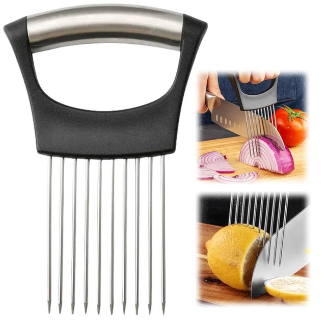 Onion Slice Holder, 2024 New Stainless Steel Onion Holder for Slicing, Chopper Slicing Assistant Tool, Cutter for Slicing of Meat, Onion, Potato, Tomato Kitchen Gadgets (Black, 1 Pack)