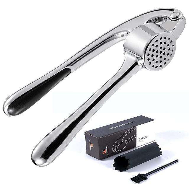Premium Garlic Press, Garlic Mincer Set with Silicone Roller Peeler & Cleaning Brush, Easy to Squeeze and Clean, Rust Proof & Dishwasher Safe, Professional Efficient Ginger Crusher