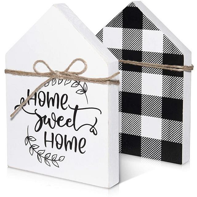 Double-Sided Home Sweet Home Sign - House Shaped Buffalo Plaid Decor Farmhouse, 8’’x5.5’’x1’’- Buffalo Check Decor Black and White Wood Signs - Modern Farmhouse Sign for Rustic Shelf Decor Accents