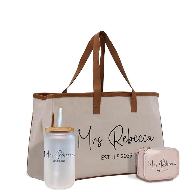 VANESSA ROSELLA Mrs. Last Name Est Year Tote Bag Personalized Date Wedding Bridal Shower Custom Honeymoon Bridesmaid Gift