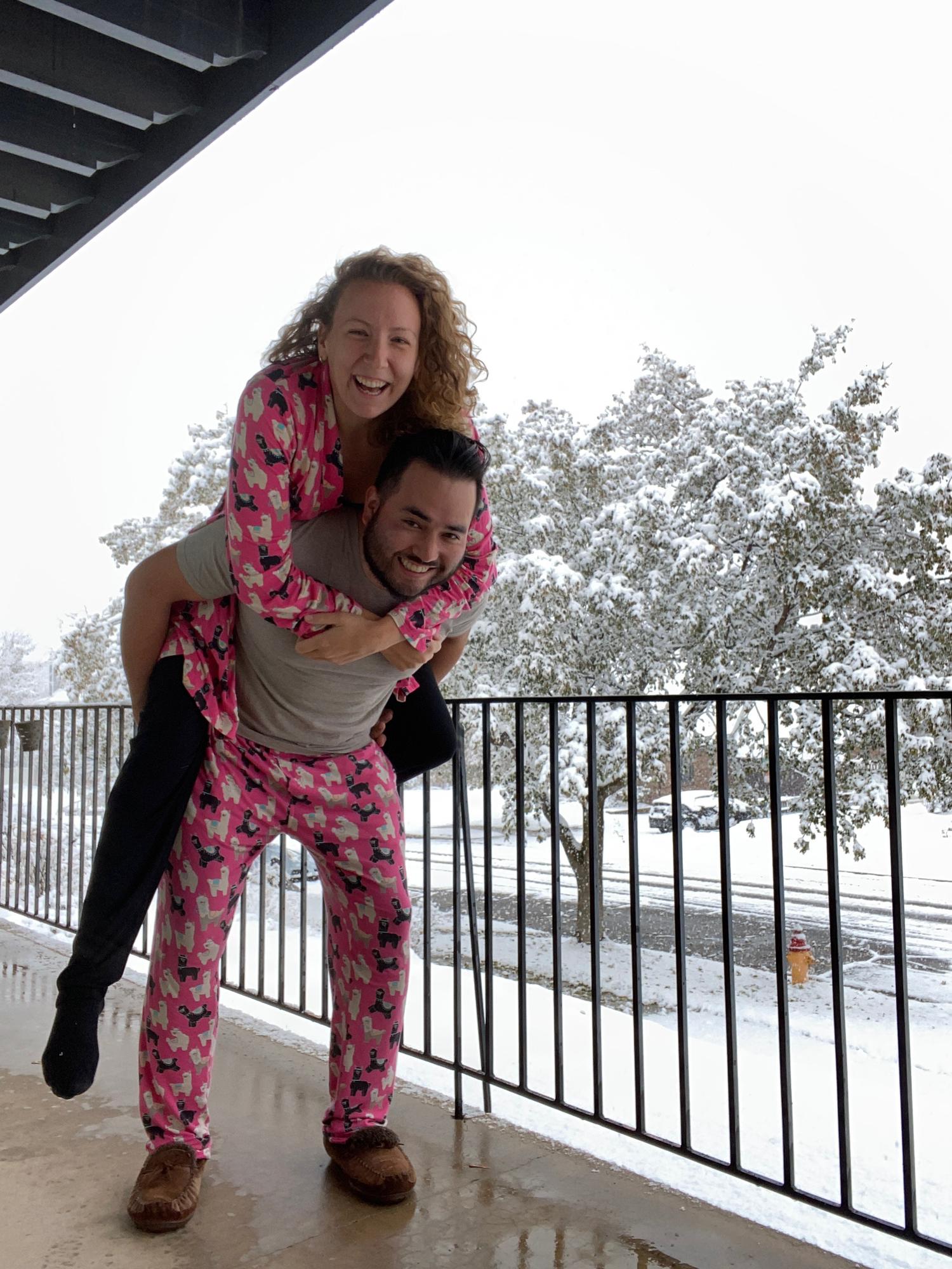 MeUndies photo shoot on the porch in the snow!