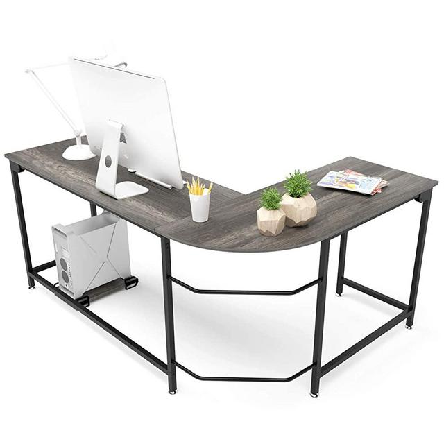 Teraves Modern L-Shaped Desk Corner Computer Desk Home Office Study Workstation Wood & Steel PC Laptop Gaming Table (Large, Black Oak)