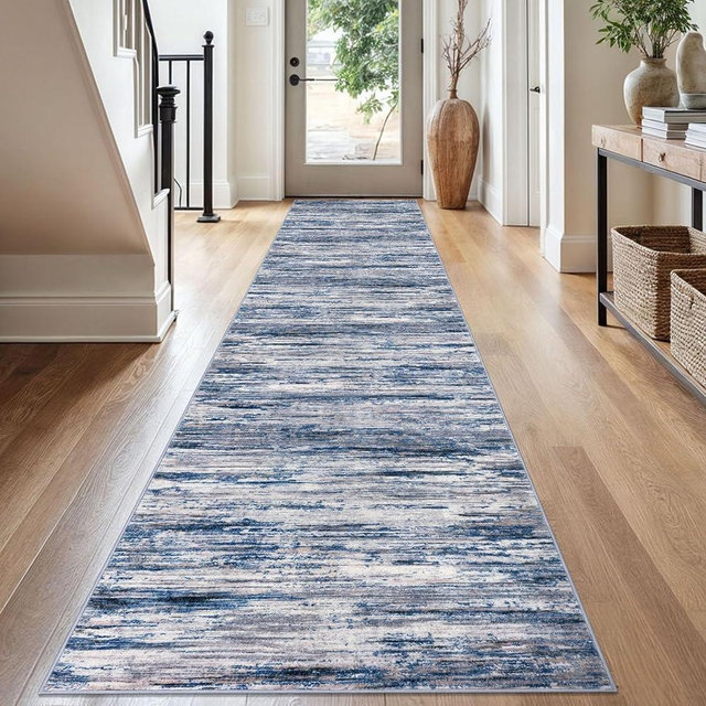SIILOOM 2.6x16 Navy Blue Gray Neutral Multi Modern Abstract Runner Rug for Hallways, Soft Soft Hallway Decor Kitchen Rugs with Non-Slip, Non-Shedding Washable Rug for Entryway Bedroom Indoor