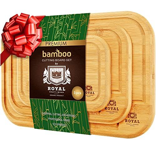 Organic Bamboo Cutting Board with Juice Groove (3-Piece Set) - Best Kitchen Chopping Board for Meat (Butcher Block) Cheese and Vegetables (Rounded)