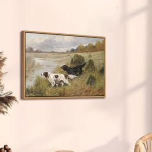 Floating Framed Vintage Hunting Dog Wall Art, Classic Countryside Landscape Canvas Print, English Setter and Gordon Setter Painting, Rustic Farmhouse Wall Decor for Living Room Study Office 12x16 inch