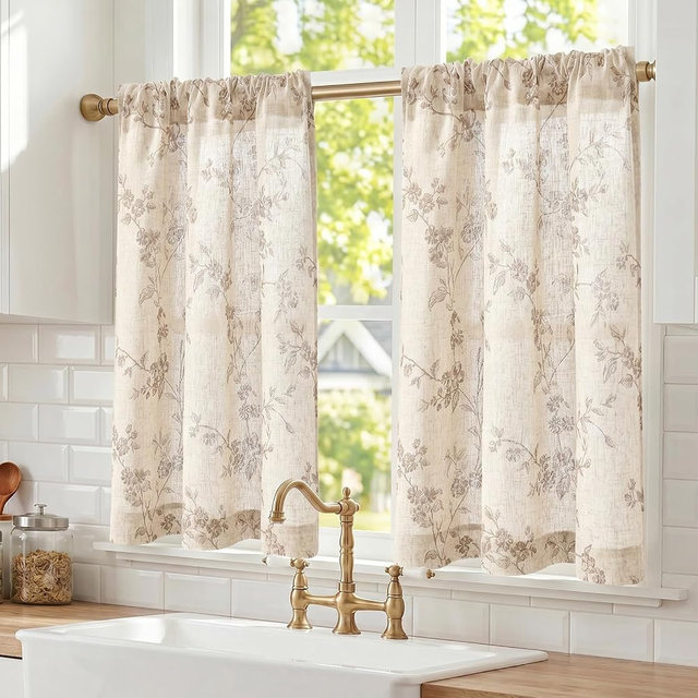 Lazzzy Elisa Floral Kitchen Curtains 36 Inch Linen Cafe Curtains Farmhouse Half Window Drapes Over Sink Light Filtering for Small Windows Rod Pocket Back Tab 2 Panels Taupe on Beige