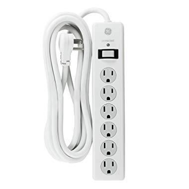 GE Power Strip Surge Protector, 6 Outlets, 10 ft Extra Long Extension Cord, Flat Plug, 800 Joules, Safety Locks, Multi Outlet, Wall Mount, White, 14092