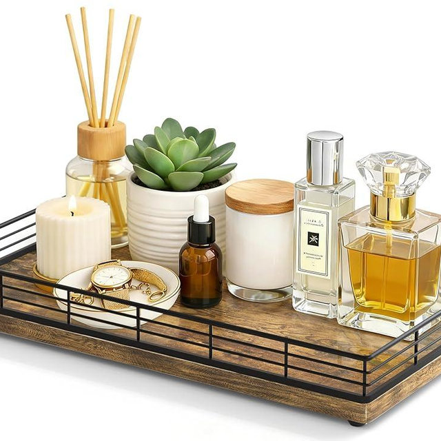 Large Bathroom Vanity Tray – 13" x 8" Decorative Wooden Tray for Bathroom Countertop & Vanity Organizer, Wood Tray for Perfume, Skincare Accessories Storage, Vanity Dresser Decor Black & Rustic Brown