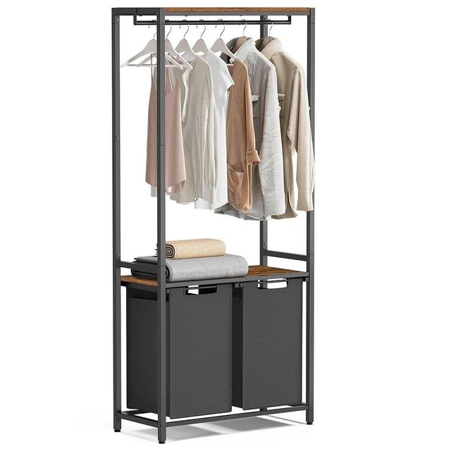 VASAGLE Laundry Basket, 2-Section Laundry Hamper with 2 Shelves, Pull-Out and Removable Liners, Clothes Rail, 2 x 12.1 Gallons, 28.7 x 13 x 69.7 Inches, Rustic Brown and Black UBLH231B02