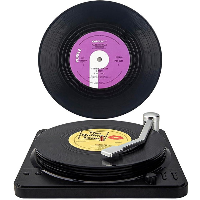 Valdivia Vinyl Record Coasters for Drinks with Records Player, Retro Album Coasters Set of 6, Funny Coasters and Cool Home Decor for Housewarming Gifts, Music Lovers Gifts, Wedding Registry Gift Ideas