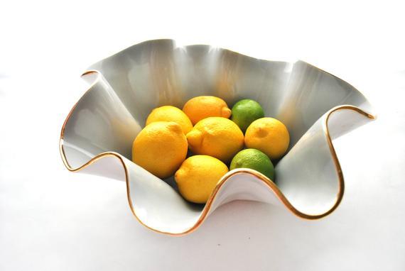 Size G- Large wavy handmade ceramic 11-12" wide x 4-6" high bowl w/ 22K gold luster edges, wedding Gift in EMERALD