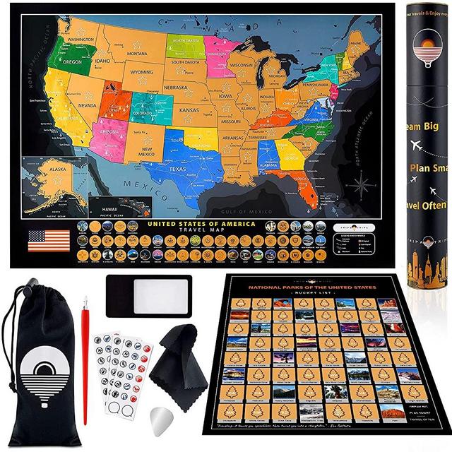Large Scratch off Map of United States + ALL 63 National Parks Scratch off Map + Detailed Cartography + 50 USA Landmarks & Flags + Full Travel Map Kit – Scratch off US Map – Deluxe Gift for Travelers