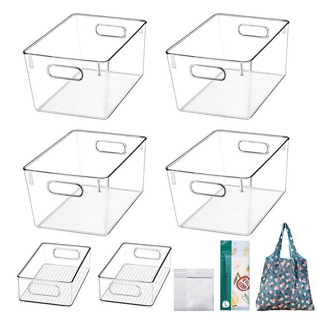 6 Pack Clear Space Plastic Storage Bins Fridge Organizer Kitchen Organization Pantry Storage Bins Freeze Organizers With Handles Cabinet Organizers For Kitchen,Fridge,Cabinet,Pantry,Bedrooms,Bathrooms