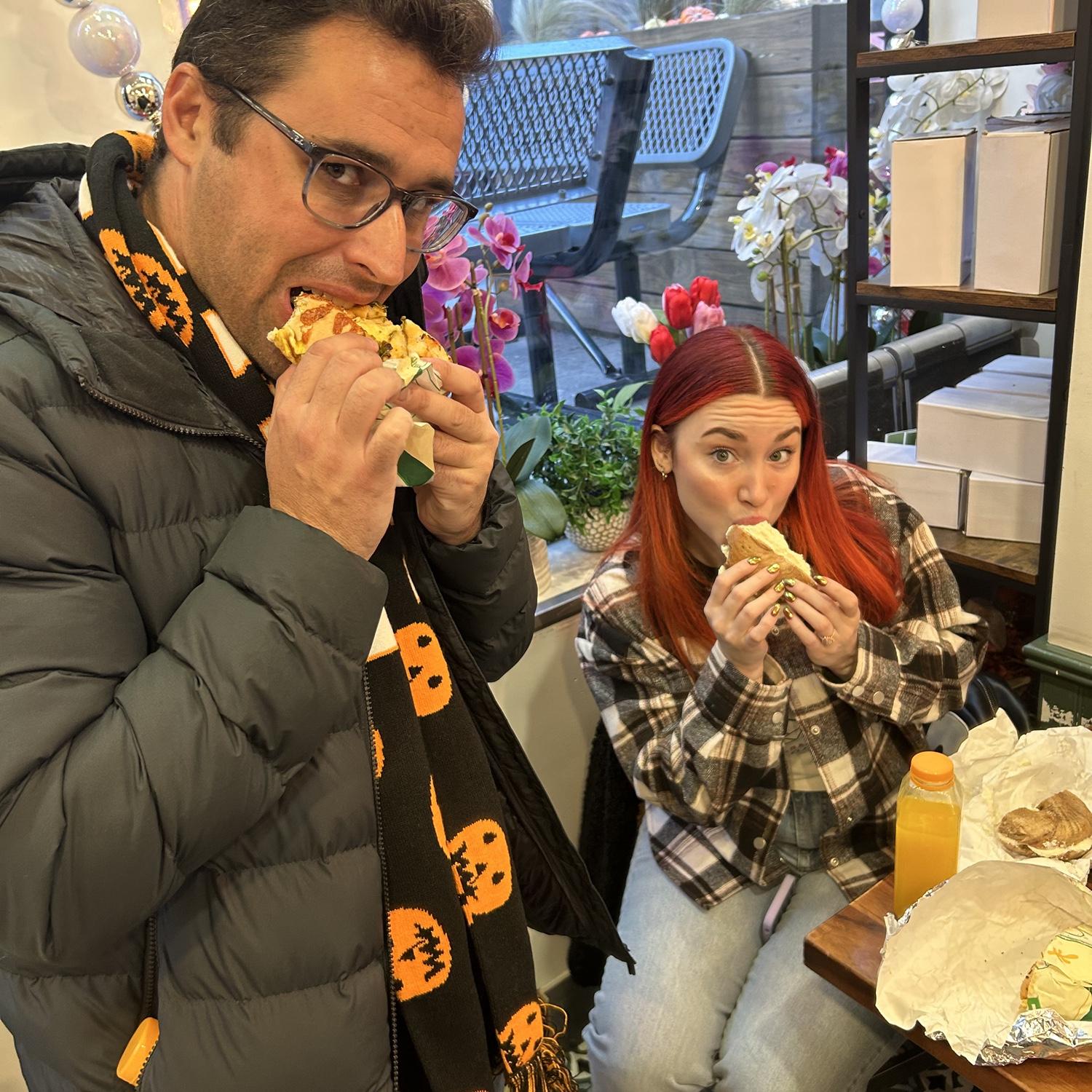 They love to eat! This is them enjoying their first bagel in NY!