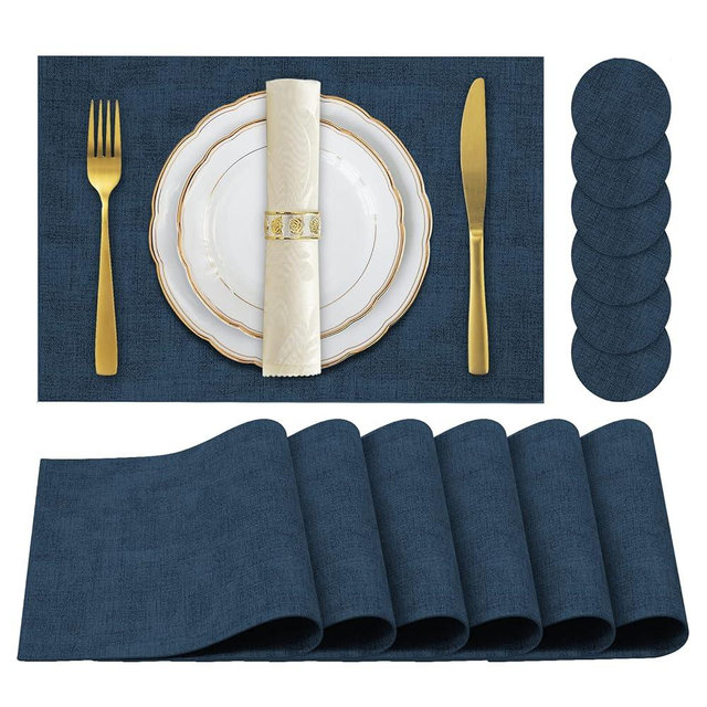 JUCCWARM Faux Leather Placemats Set of 6,Heat Resistant Placemats for Dining Table, Easy Clean Non-Slip Place Mats, Waterproof Stain Resistant Wipeable Washable PU Table Mats, (Navy Blue)