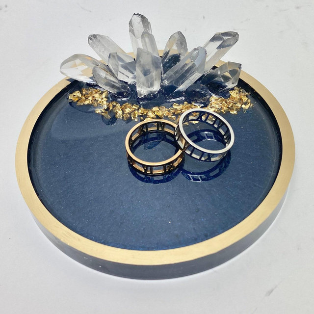 Crystal agate ring dish jewelry holder, epoxy resin, dark navy with gold accents
