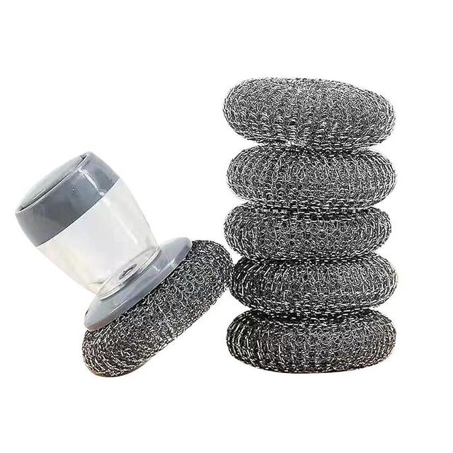 6Pcs Stainless Steel Wool Scrubber and One Steel Wool Scrubber Handle can Add Detergent，Pressing can Release Liquid，Cleaning Brush and Wire Brush for Dishes, Pots, Pans, Grills, Sink