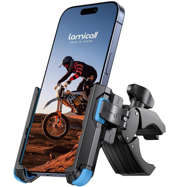 Lamicall Motorcycle Bike Phone Mount - [1s Quick Release] Bike Cell Phone Holder Clip, Bicycle Scooter Handlebar Clamp, Gifts for iPhone 17 16 15 14 Pro Max, Galaxy S25 S24 Ultra, 4.7-7" Phones, Blue