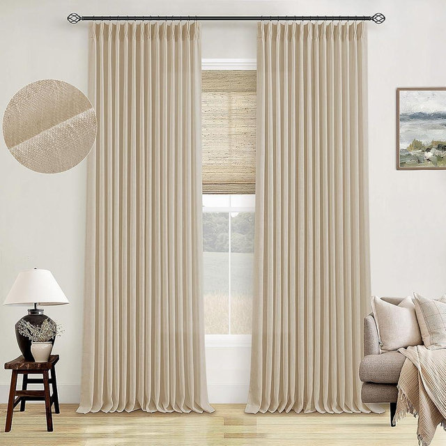 Warm Beige Linen Curtains 102 Inches Long 2 Panels for Living Room Thick Linen Flax Cloth Pinch Pleated Memory Trained Back Tab Light Filtering Semi Sheer Curtain with Hook Rings Sand Cream Neutral