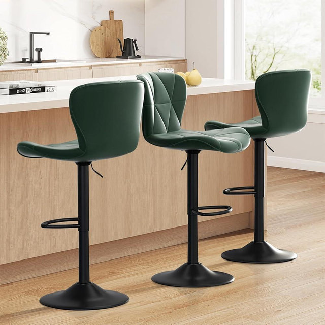 Daluvenix Bar Stools Set of 3,Adjustable Swivel Barstools, Faux Leather Bar Chairs,Upholstered Counter Height with High Backrest for Kitchen Island, Green