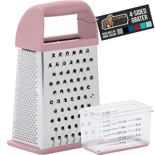 Gorilla Grip Stainless Steel Box Grater, 4-Sided XL Cheese and Spice Graters with Handle, Slice, Shred, Grate Vegetables, Ginger, Potatoes, Handheld Food Shredder, Zester, Includes Container, Pink
