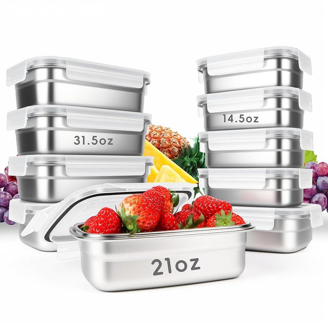 10PCS 304 Stainless Steel Food Storage Containers with Airtight Leakproof Lids, Stackable Bento Lunch Box for Meal Prep, Reusable Metal Containers, Oven/Dishwasher/Freezer Safe(31.5/21/14 Oz)