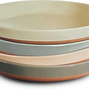 MORA Ceramic Flat Pasta Bowl Set of 4-35oz, Microwave Safe Plate with High Edge - Modern Porcelain Dinnerware for Kitchen and Eating, Large Wide Bowls/Plates for Serving Dinner, Salad, etc- Assorted Neutrals