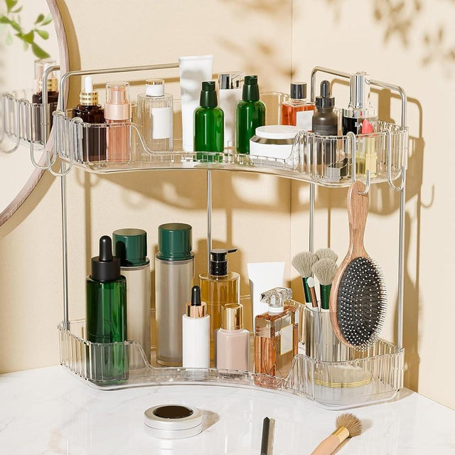 Kinkota 2 Tier Corner Bathroom Organizer Countertop, Plastic Bathroom Counter Organizer, Vanity Tray Sink Shelf with Hooks, for Makeup Storage (Clear)