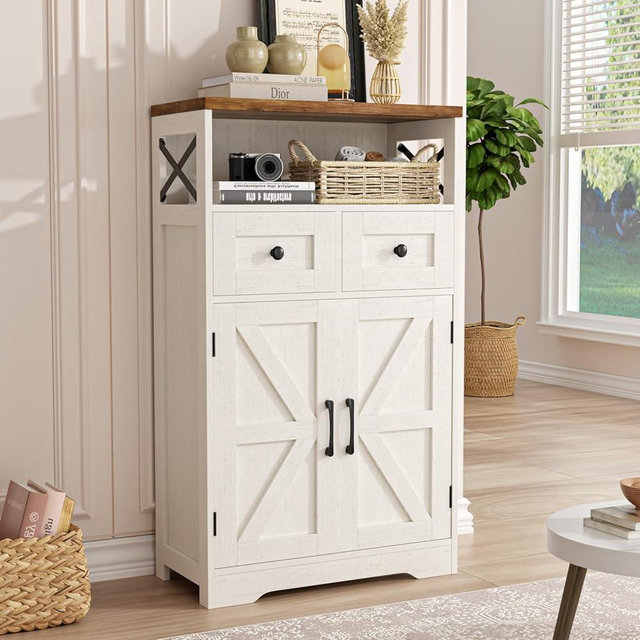 FiveWillowise Farmhouse Storage Cabinet with Barn Doors and Shelves, Farmhouse Kitchen Pantry, Small Tall Coffee Bar Cabinet with Storage, Hutch Cupboard for Bathroom, Laundry, Living Room,White