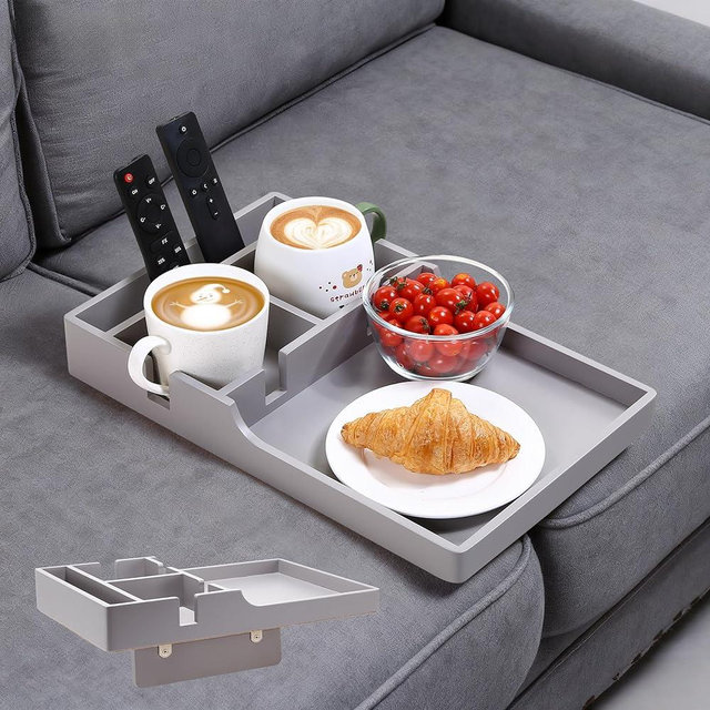 Nnewvante Couch Tray Between Cushion, 2-in-1 Insert & Flat Sofa Organizer Bamboo with 4 Compartments,Fits Middle Couch or Ottomans,for Snacks, Drinks, Remotes,15.35x9.84-inch,Gray