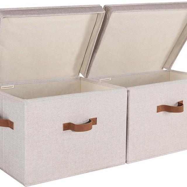 StorageWorks Closet Storage Bin with Lids, Decorative Storage Boxes with Handles, Fabric Storage Bins for Clothes, Jumbo, Brown and Beige, 2-Pack
