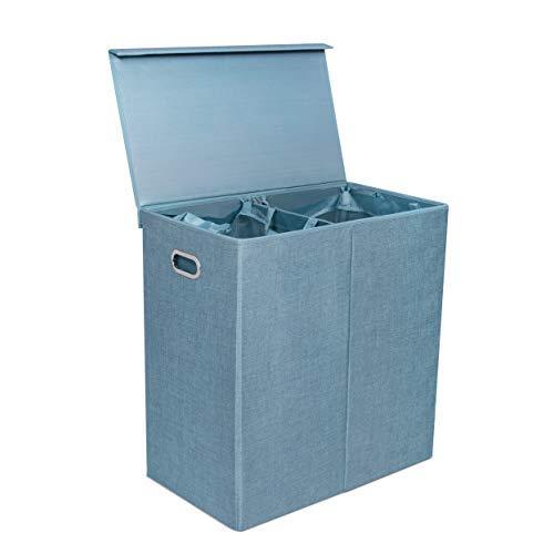 BirdRock Home Double Laundry Hamper with Lid and Removable Liners - Light Blue - Linen - Easily Transport Laundry - Foldable Hamper - Cut Out Handles