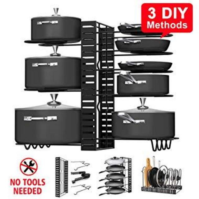 Pot Rack Organizers, G-TING 8 Tiers Pots and Pans Organizer, Adjustable Pot Lid Holders & Pan Rack for Kitchen Counter and Cabinet, Lid Organizer for Pots and Pans With 3 DIY Methods(2019 Upgraded)