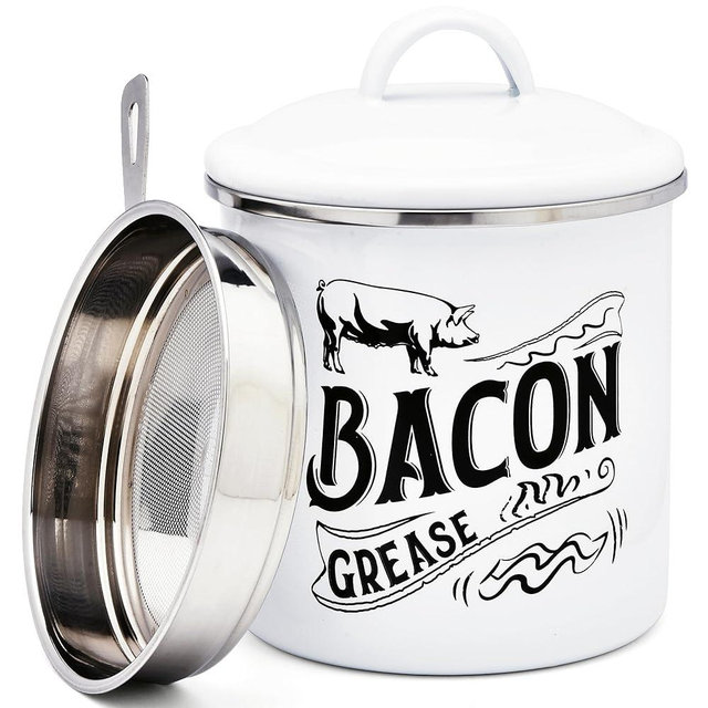 Tabitgs 1.3L White Bacon Grease Saver Container with Fine Mesh Strainer - Stainless Steel & Enamel Oil Keeper Can for Bacon Fat Dripping - Kitchen Cooking Accessories - Dishwasher Safe